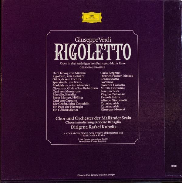 Giuseppe Verdi  -  Renata Scotto, Carlo Bergonzi, Dietrich Fischer-Dieskau, Coro Del Teatro Alla Scala  Und  Orchestra Del Teatro Alla Scala, Rafael Kubelik : Rigoletto (3xLP, Album + Box)