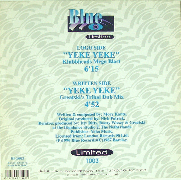 Mory Kanté : Yeke Yeke ('96 Remixes) (10", Ltd, Promo, Blu)