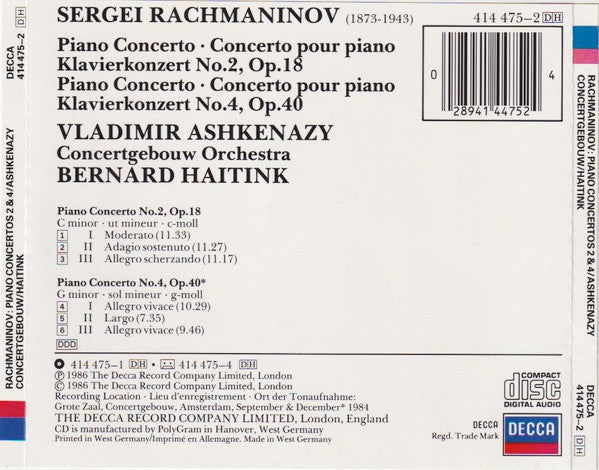 Sergei Vasilyevich Rachmaninoff - Vladimir Ashkenazy, Concertgebouworkest, Bernard Haitink : Piano Concertos = Klavierkonzerte 2 & 4 (CD, Album)