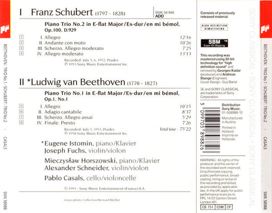 Franz Schubert / Ludwig van Beethoven, Mieczyslaw Horszowski - Alexander Schneider, Eugene Istomin, Joseph Fuchs, Pablo Casals : Piano Trio No. 2 / Piano Trio No. 1 (CD, Comp, RM)