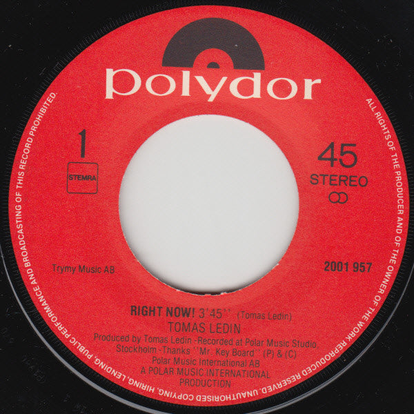 Tomas Ledin : Right Now (7", Single)