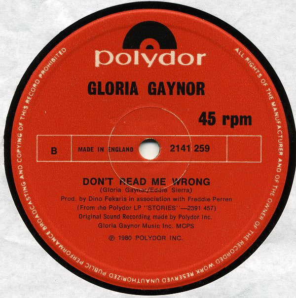 Gloria Gaynor : Ain't No Bigger Fool / Don't Read Me Wrong (12")