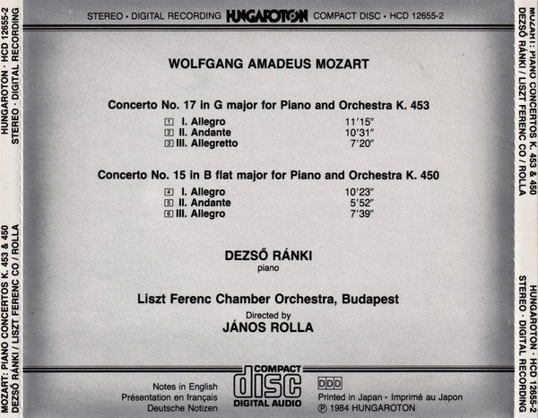 Wolfgang Amadeus Mozart, Dezső Ránki, Liszt Ferenc Chamber Orchestra, János Rolla : Piano Concertos In G Major K. 453 & In B Flat Major K. 450 (CD, Album)