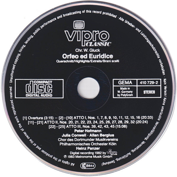 Christoph Willibald Gluck - Peter Hofmann, Julia Conwell, Allan Bergius, Heinz Panzer, Chor Des Dortmunder Musikvereins, Gürzenich-Orchester Kölner Philharmoniker : Orfeo Ed Euridice, Querschnitt (CD, Album)