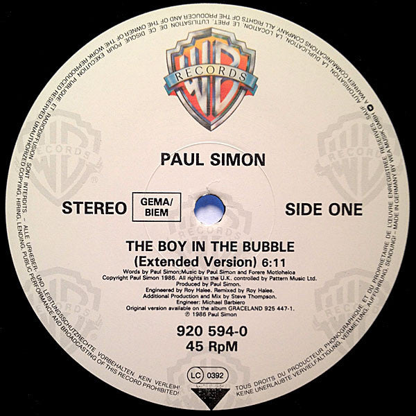 Paul Simon : The Boy In The Bubble (Extended Remix Version) / Hearts And Bones (12")