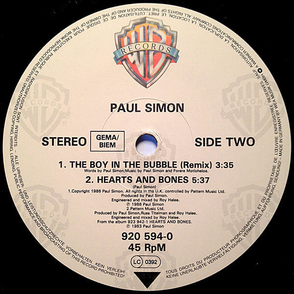 Paul Simon : The Boy In The Bubble (Extended Remix Version) / Hearts And Bones (12")