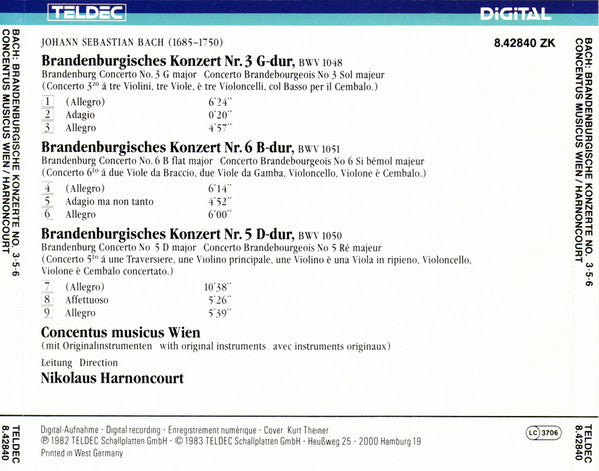 Johann Sebastian Bach, Concentus Musicus Wien, Nikolaus Harnoncourt : Brandenburgische Konzerte Nr. 3∙5∙6 (CD, Album)