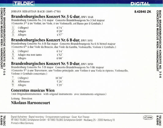 Johann Sebastian Bach, Concentus Musicus Wien, Nikolaus Harnoncourt : Brandenburgische Konzerte Nr. 3∙5∙6 (CD, Album)
