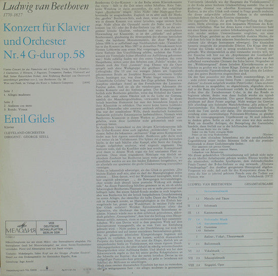Ludwig van Beethoven, Emil Gilels, The Cleveland Orchestra, George Szell : Konzert Für Klavier Und Orchester Nr. 4 G-dur Op. 58 (LP, RP)