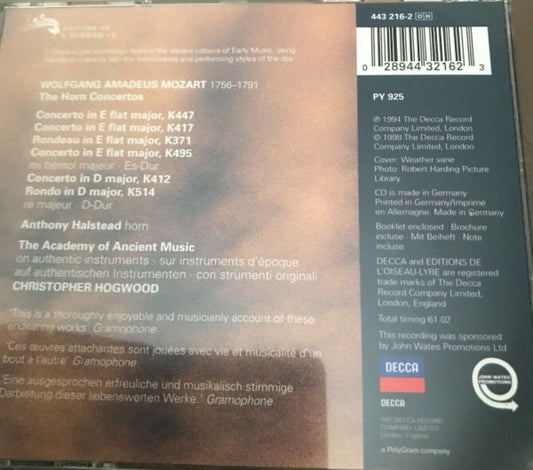 Wolfgang Amadeus Mozart - Anthony Halstead, The Academy Of Ancient Music, Christopher Hogwood : The Horn Concertos = Les Concertos Pour Cor = Die  Hornkonzerte (CD, Album, RE)