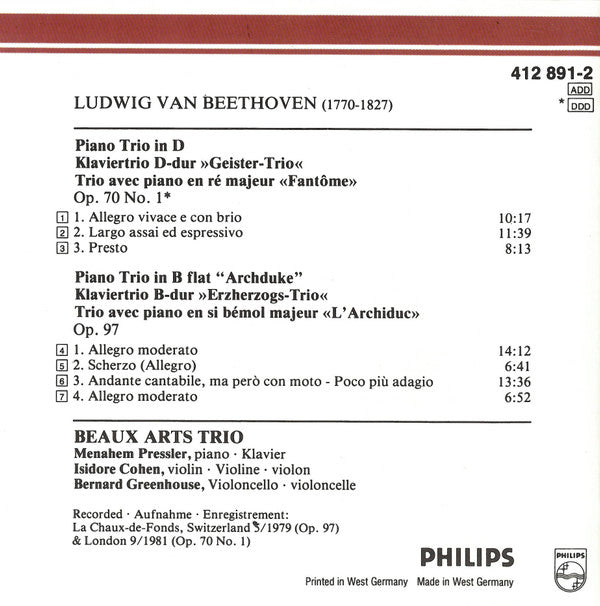 Ludwig van Beethoven, Beaux Arts Trio : Piano Trios = Klaviertrios: «Archduke» «Erzherzogs-Trio» · «Geister-Trio» (CD, Album)