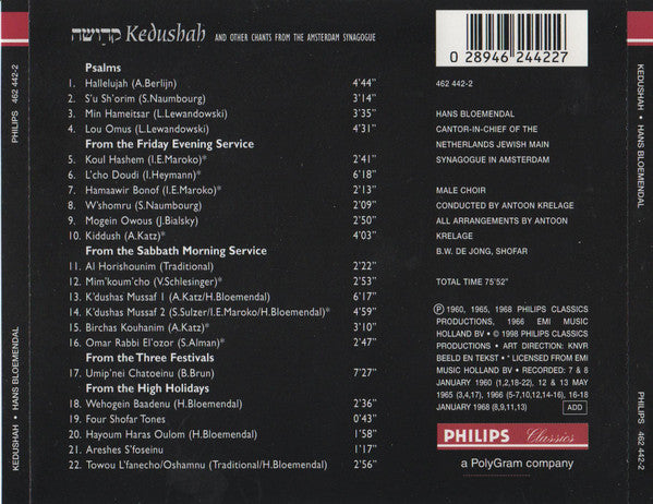 Hans Bloemendal : Kedushah - And Other Chants From The Amsterdam Synagogue (CD)