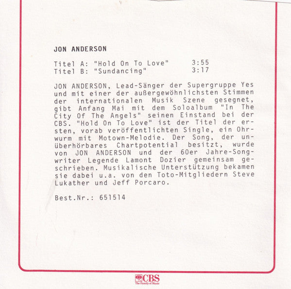 Jon Anderson : Hold On To Love (7", Single)