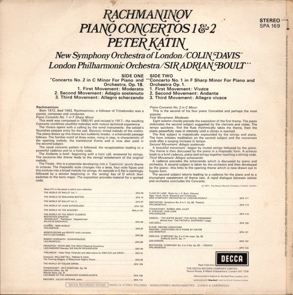 Sergei Vasilyevich Rachmaninoff - Peter Katin : Piano Concertos 1 And 2 (LP, Comp)