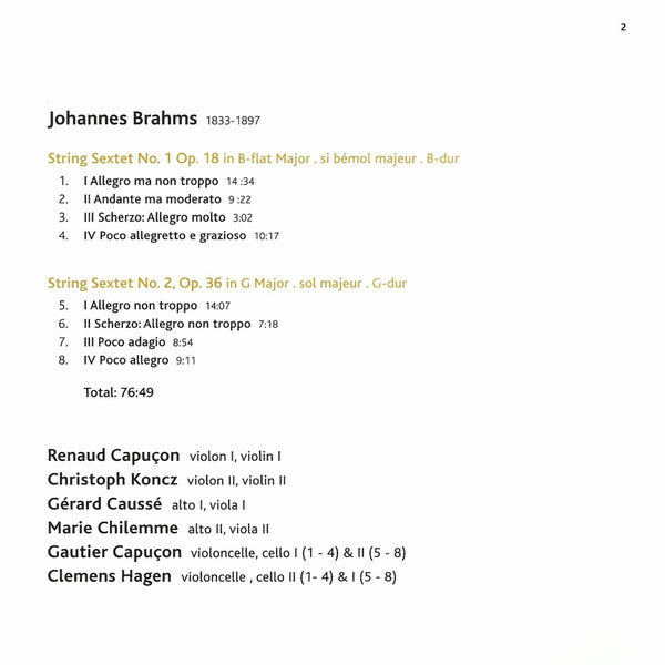 Johannes Brahms – Renaud Capuçon, Christoph Koncz, Gérard Caussé, Marie Chilemme, Gautier Capuçon, Clemens Hagen : String Sextets Nos. 1 & 2 (CD, Album)