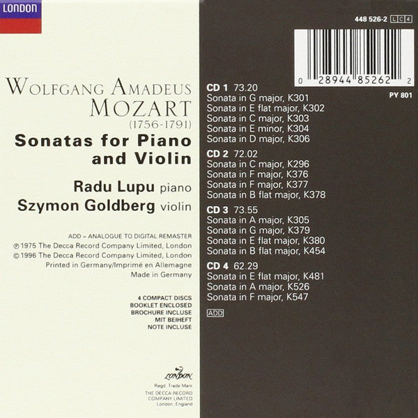 Wolfgang Amadeus Mozart, Radu Lupu, Szymon Goldberg : Sonatas For Piano And Violin (4xCD, Comp + Box, RE)