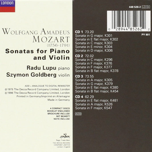 Wolfgang Amadeus Mozart, Radu Lupu, Szymon Goldberg : Sonatas For Piano And Violin (4xCD, Comp + Box, RE)