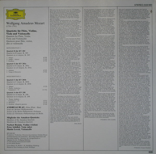 Wolfgang Amadeus Mozart / Andreas Blau • Amadeus-Quartett : Flötenquartette (LP)