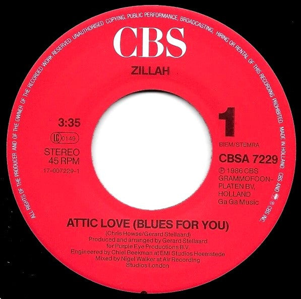 Zillah : Attic Love (Blues For You) (7", Single)