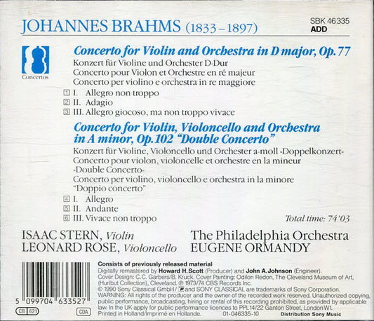 Johannes Brahms - Isaac Stern, Leonard Rose, Eugene Ormandy, The Philadelphia Orchestra : Violin Concerto / Concerto For Violin And Cello (CD, Album, Comp, RM)