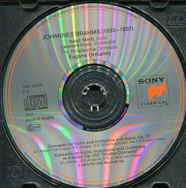 Johannes Brahms - Isaac Stern, Leonard Rose, Eugene Ormandy, The Philadelphia Orchestra : Violin Concerto / Concerto For Violin And Cello (CD, Album, Comp, RM)