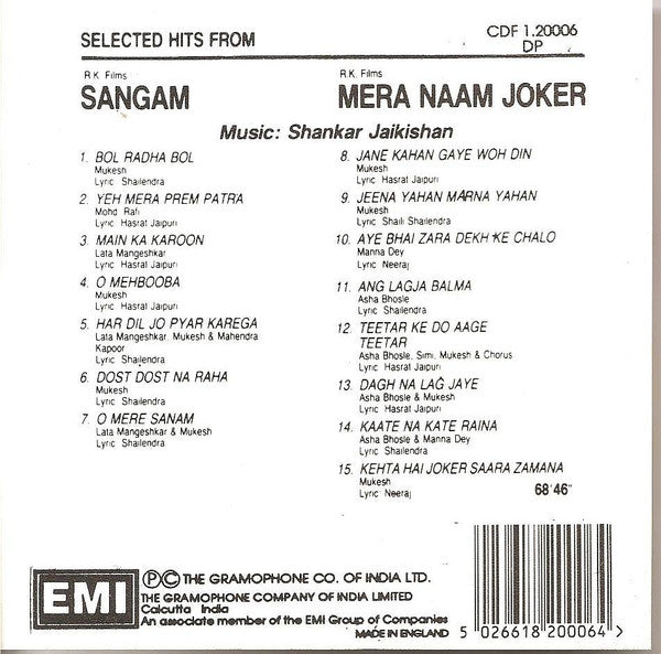 Shankar-Jaikishan : Selected Hits From Sangam / Mera Naam Joker (CD, Comp)