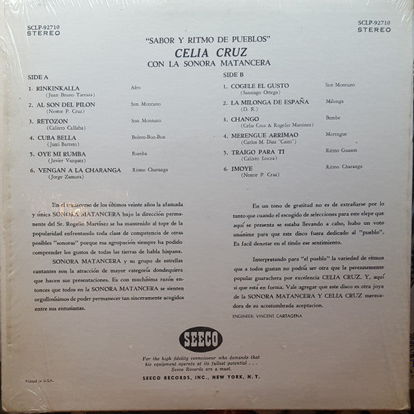 Celia Cruz Con La Sonora Matancera : Sabor Y Ritmo De Pueblos (LP, Album, RP)