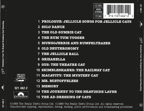 Andrew Lloyd Webber : Cats: Selections From The Original Broadway Cast Recording (CD, RE)