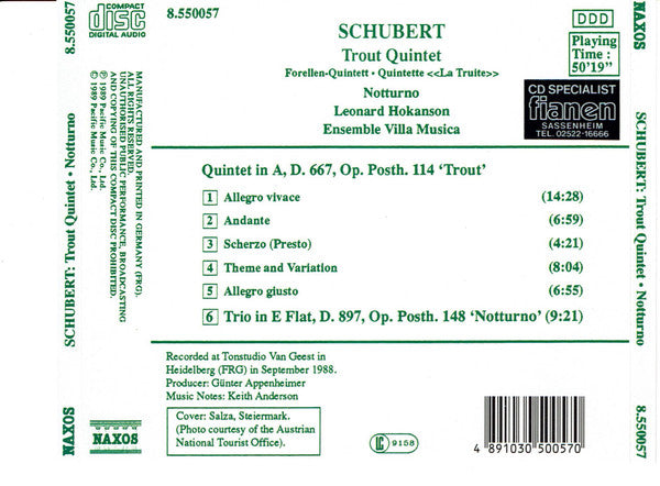 Franz Schubert - Leonard Hokanson, Ensemble Villa Musica : Trout Quintet, Notturno (CD)