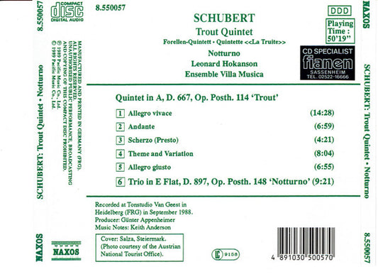 Franz Schubert - Leonard Hokanson, Ensemble Villa Musica : Trout Quintet, Notturno (CD)