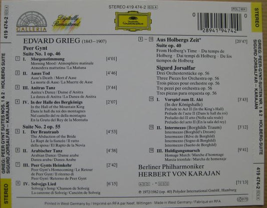 Edvard Grieg - Berliner Philharmoniker, Herbert von Karajan : Peer-Gynt-Suiten No. 1 & 2 / Aus Holbergs Zeit / Sigurd Jorsalfar (CD, Comp, RM)