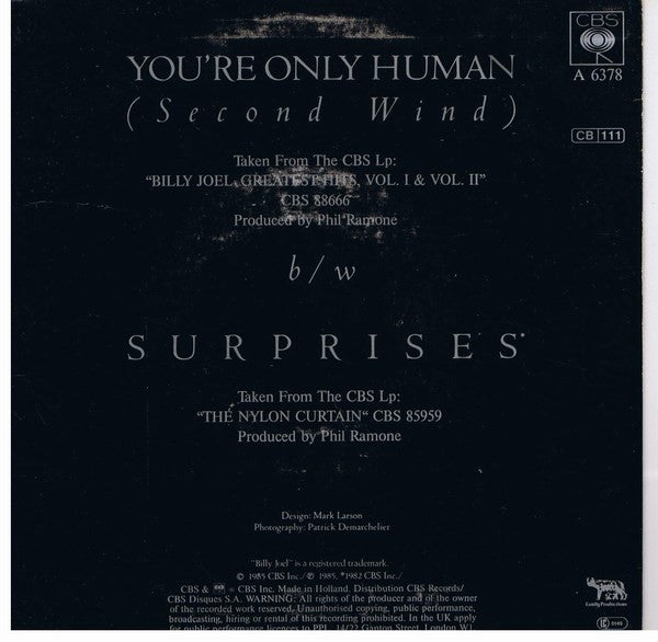 Billy Joel : You're Only Human (Second Wind) (7", Single)