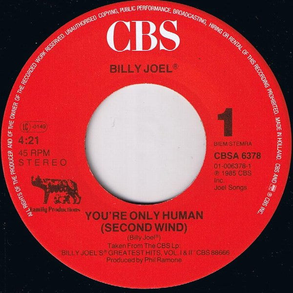 Billy Joel : You're Only Human (Second Wind) (7", Single)