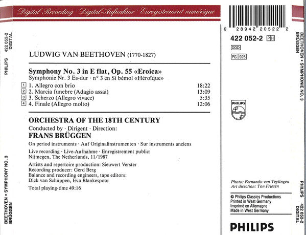 Ludwig Van Beethoven, Orchestra Of The 18th Century, Frans Brüggen : Symphony No. 3 "Eroica" (CD)