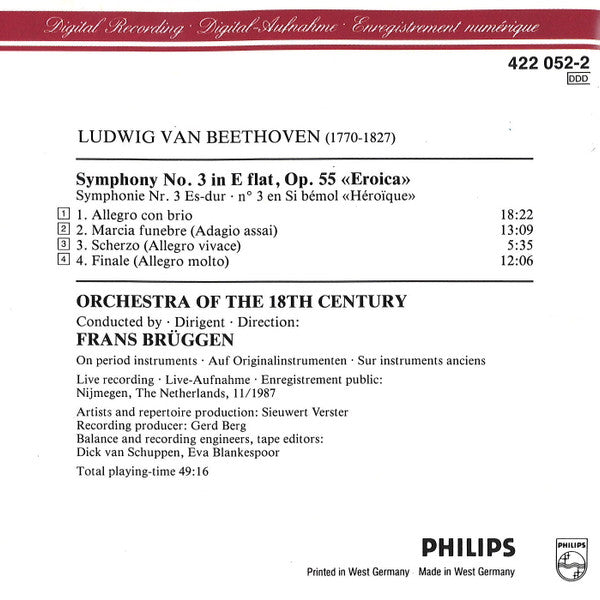 Ludwig Van Beethoven, Orchestra Of The 18th Century, Frans Brüggen : Symphony No. 3 "Eroica" (CD)