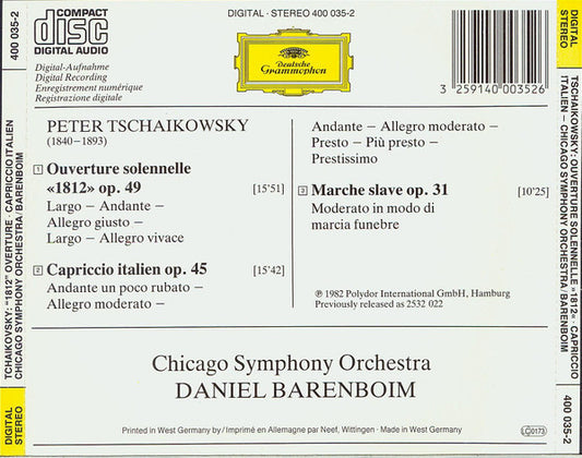 Pyotr Ilyich Tchaikovsky - Chicago Symphony Orchestra, Daniel Barenboim : Ouverture »1812« / Capriccio Italien / Marche Slave (CD, RE)