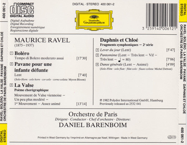 Maurice Ravel / Orchestre de Paris · Daniel Barenboim : Bolero • La Valse • Pavane Pour Une Infante Défunte • Daphnis Et Chloé: Suite No.2 (CD, Album, RE)