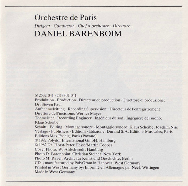 Maurice Ravel / Orchestre de Paris · Daniel Barenboim : Bolero • La Valse • Pavane Pour Une Infante Défunte • Daphnis Et Chloé: Suite No.2 (CD, Album, RE)