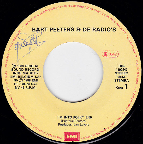 Bart Peeters & The Radios : I'm Into Folk (7", Single)