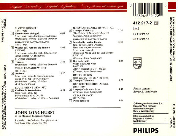 Johann Sebastian Bach · Georg Friedrich Händel · Charles-Marie Widor · César Franck – John Longhurst : Mormon Tabernacle Organ (CD, Album)