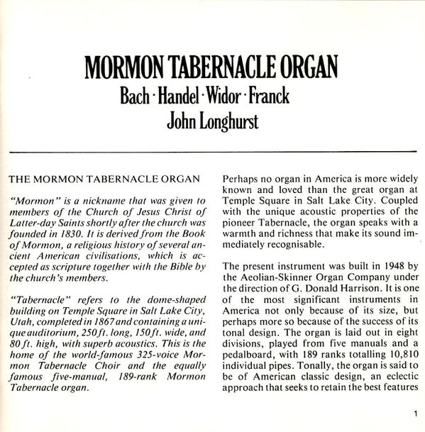 Johann Sebastian Bach · Georg Friedrich Händel · Charles-Marie Widor · César Franck – John Longhurst : Mormon Tabernacle Organ (CD, Album)