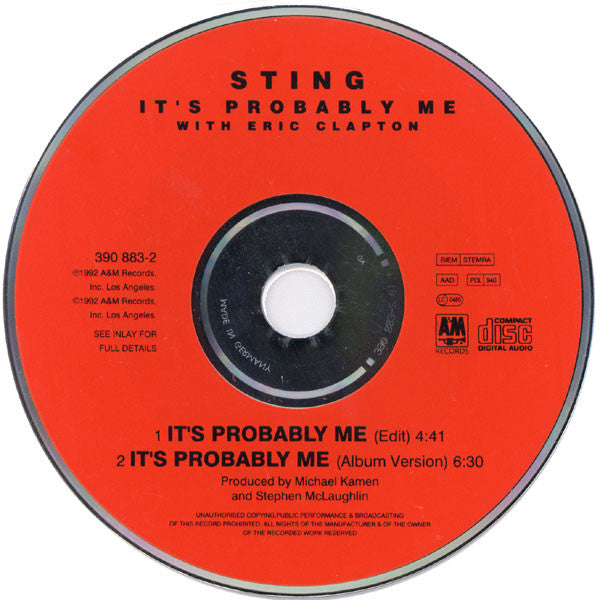 Sting With Eric Clapton : It's Probably Me (CD, Single)