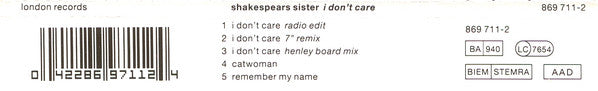 Shakespear's Sister : I Don't Care (CD, Single)