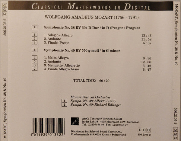 Wolfgang Amadeus Mozart, Mozart Festival Orchestra (2), Alberto Lizzio, Richard Edlinger : Symphonien No. 38 "Prager/Prague" & No. 40 (CD, Comp)