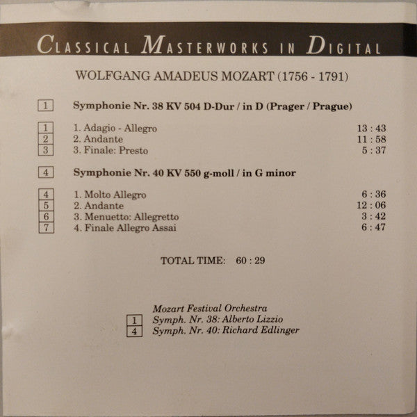 Wolfgang Amadeus Mozart, Mozart Festival Orchestra (2), Alberto Lizzio, Richard Edlinger : Symphonien No. 38 "Prager/Prague" & No. 40 (CD, Comp)