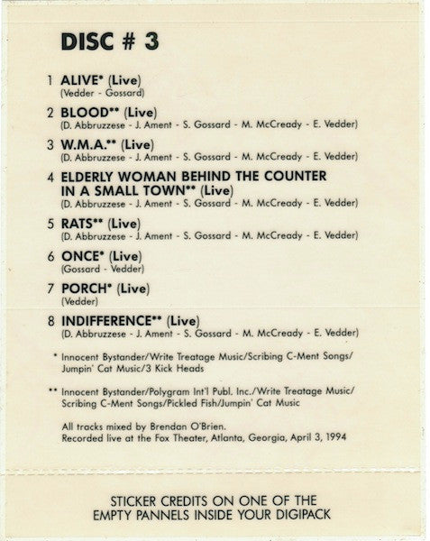 Pearl Jam : Dissident - Live In Atlanta #3 (CD, Single, CD3)