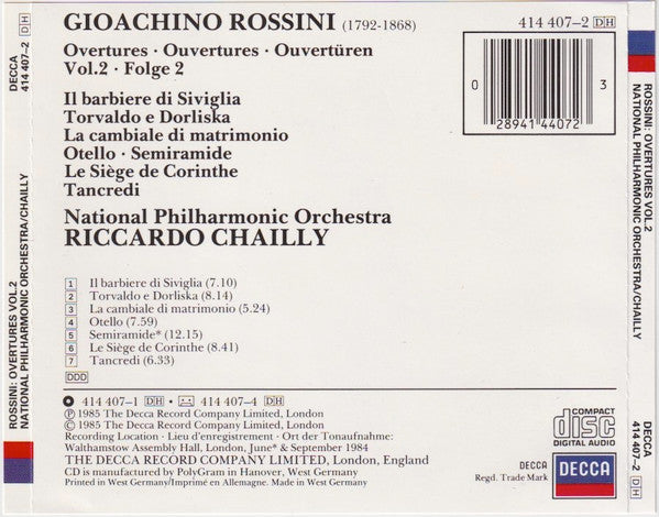 Gioacchino Rossini, National Philharmonic Orchestra, Riccardo Chailly : Overtures Vol. 2 • Ouvertüren Folge 2 (CD)