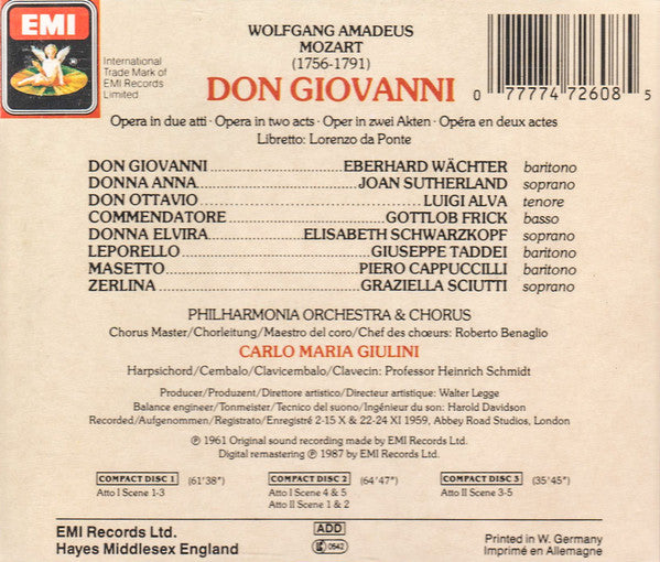 Wolfgang Amadeus Mozart - Eberhard Wächter, Joan Sutherland, Luigi Alva, Gottlob Frick, Elisabeth Schwarzkopf, Giuseppe Taddei, Piero Cappuccilli, Graziella Sciutti, Philharmonia Orchestra & Philharmonia Chorus, Carlo Maria Giulini : Don Giovanni (3xCD, RE, RM, Sli + Box)