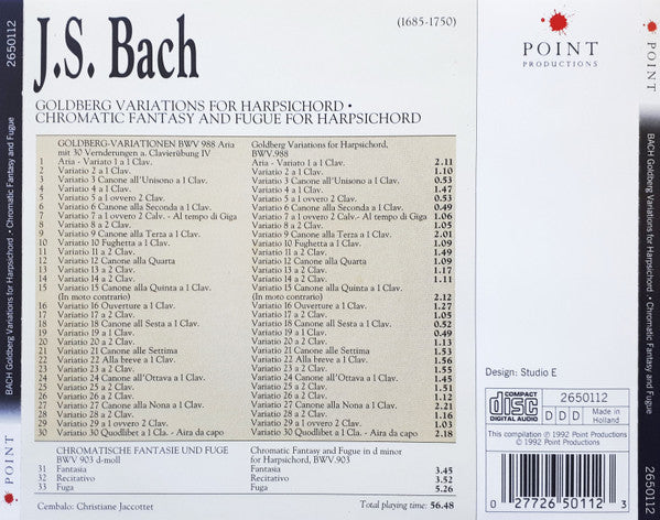 Johann Sebastian Bach, Christiane Jaccottet : Goldberg Variations For Harpsichord • Chromatic Fantasy And Fugue For Harpsichord (CD, Comp)