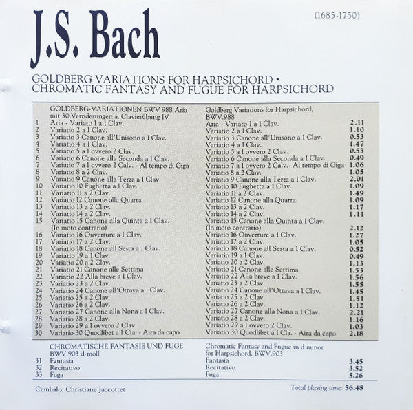 Johann Sebastian Bach, Christiane Jaccottet : Goldberg Variations For Harpsichord • Chromatic Fantasy And Fugue For Harpsichord (CD, Comp)